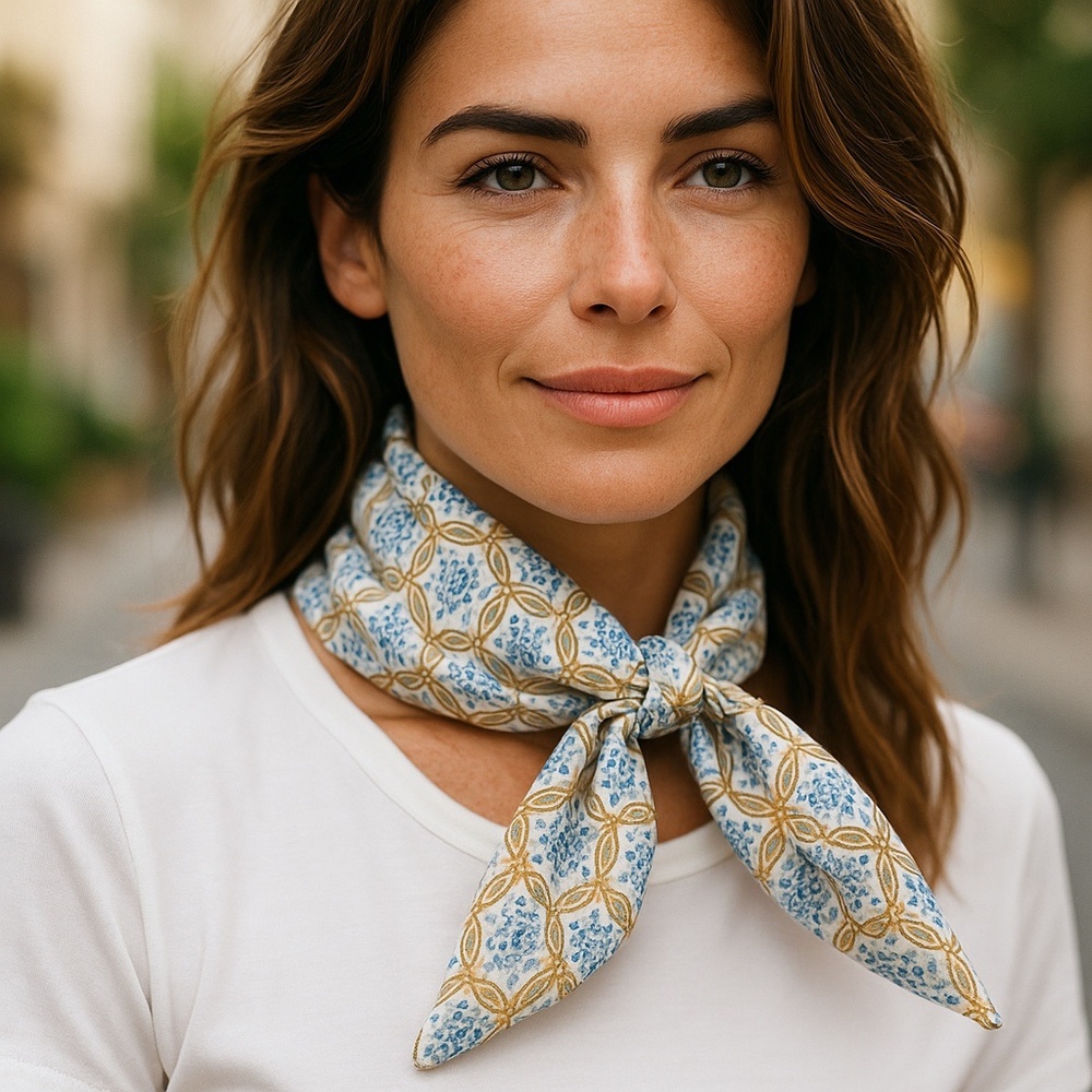 NWT SILKLETTE Kaleidoscope 100% Fine Silk Kerchief Scarf BLUE + WHITE